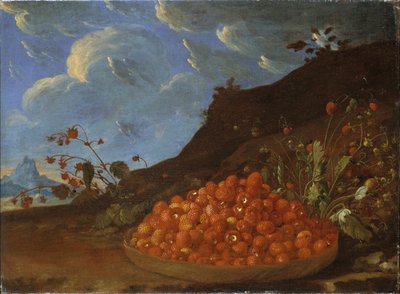 Basket of Wild Strawberries in a Landscape by Luis Menendez or Melendez